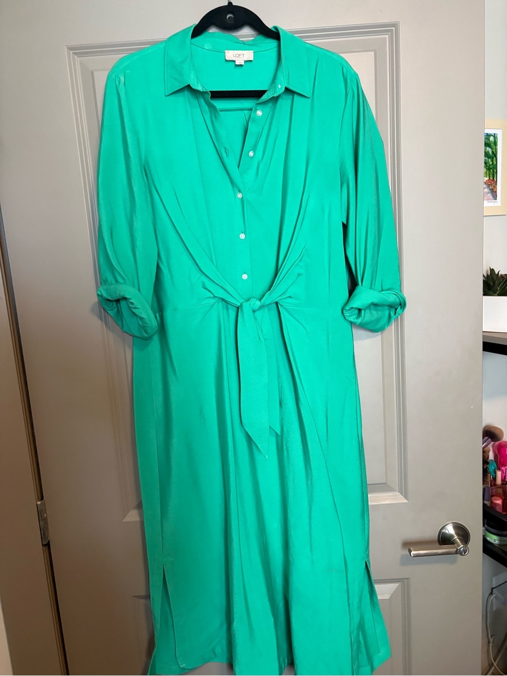 LOFT Teal Tie-Front Shirt Dress